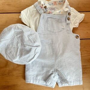 Tommy Bahama Baby Boy Easter Beach Blue Seersucker Overalls Hat Set Floral Trim
